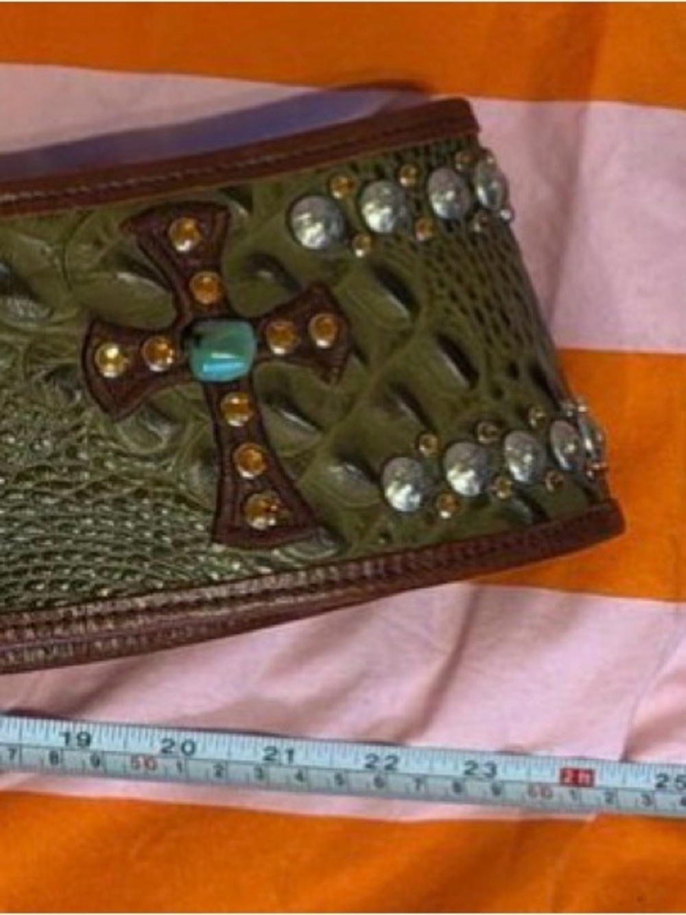 Kurtmen leather alligator belt studs crystals turquoise cross statement belt - Picture 16 of 16